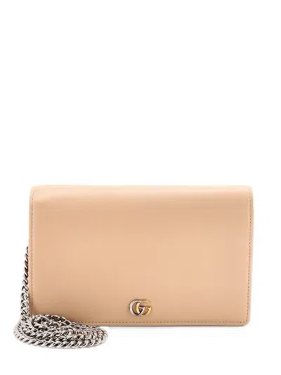 Pre-owned Gucci Petite Gg Marmont Chain Wallet Leather Mini Crossbody Bag In Neutrals