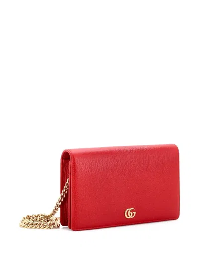 Pre-owned Gucci Petite Gg Marmont Chain Wallet Leather Mini Crossbody Bag In Red