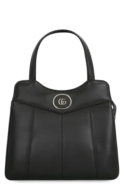 Gucci Petite Gg Small Shopping Handbag In Black Leather With Palladium Hardware