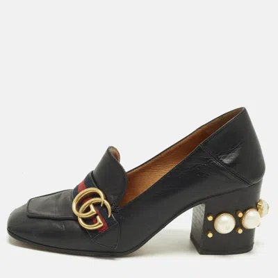 Pre-owned Gucci Peyton Gg Marmont Size 36.5 Black Leather Faux Pearl Block Heel Pumps