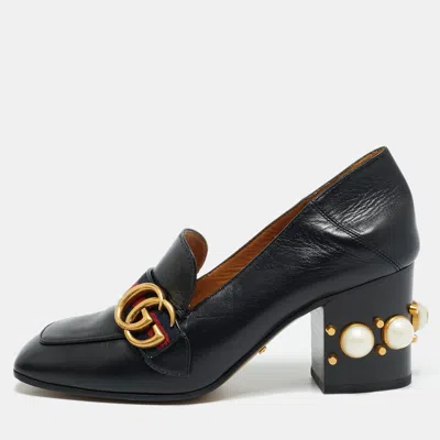 Pre-owned Gucci Peyton Pearl Embellished Size 37 Black Leather Loafer Pumps