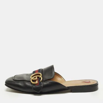 Pre-owned Gucci Peyton Size 36.5 Black Leather Gg Web Marmont Flat Mules