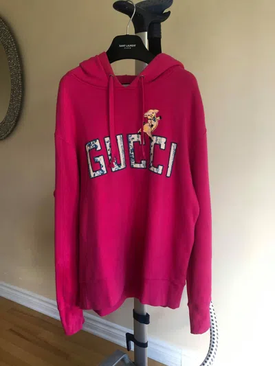 Pre-owned Gucci Pig Pink Logo Hoodie Embroidered Size Medium