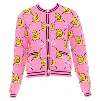 Pre-owned Gucci Pikarar Pink Yellow Cotton Kawaii Lion Gg Monogram Cropped Cardigan Xxs
