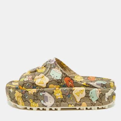 Pre-owned Gucci Pikarar Size 36 Multicolor Rubber Gg Supreme Platform Flat Sandals