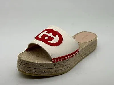 Pre-owned Gucci Pilar Gg Canvas Espadrille Slide Mule Sandal Flat Platform Shoes $580 In White, Red