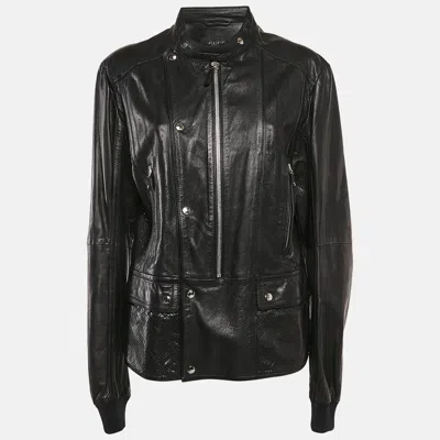 Pre-owned Gucci Pinhole Pattern Leather Zip-up Jacket Xl In Black