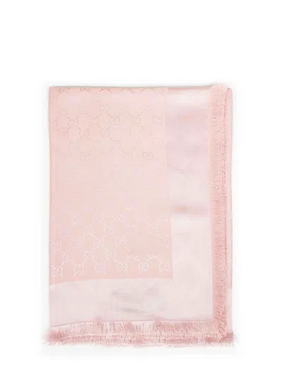 Gucci Women Pink And White Gg Silk And Wool Shawl