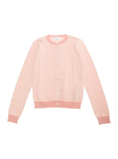 Gucci Kids' Pink Cardigan With All-over Gg Motif In Cotton Girls In Brown