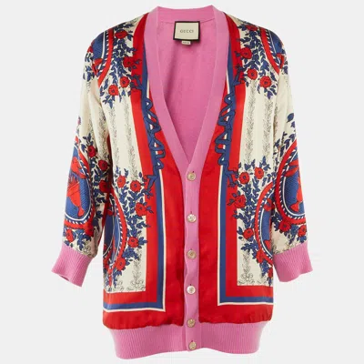 Pre-owned Gucci Pink Carillon Print Silk & Wool Reversible Cardigan L