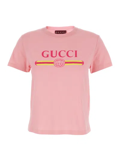 Gucci Pink Crewneck T-shirt With Logo Print On The Front In Cotton Woman