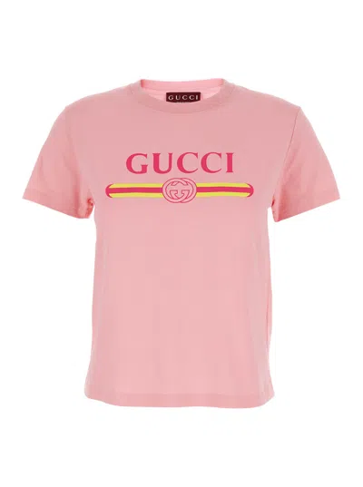GUCCI PINK CREWNECK T-SHIRT WITH LOGO PRINT ON THE FRONT IN COTTON WOMAN