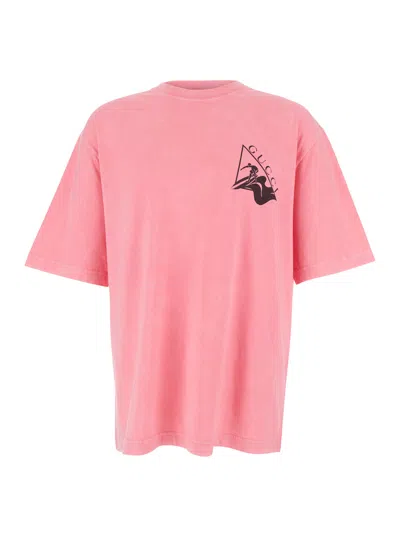 Gucci Pink Crewneck T-shirt With Surf Print And Logo On The Front In Cotton Man In Multicolor