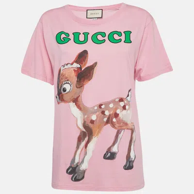 Pre-owned Gucci Pink Deer And Floral Print Cotton T-shirt Xs