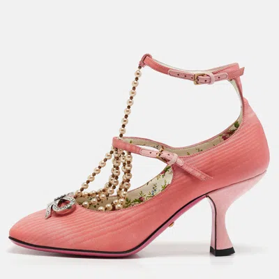 Pre-owned Gucci Pink Fabric Pearl Embellished T-strap Pumps Size 35