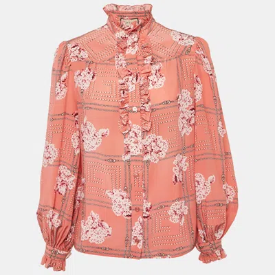 Pre-owned Gucci Pink Floral Print Silk Ruffled Blouse S