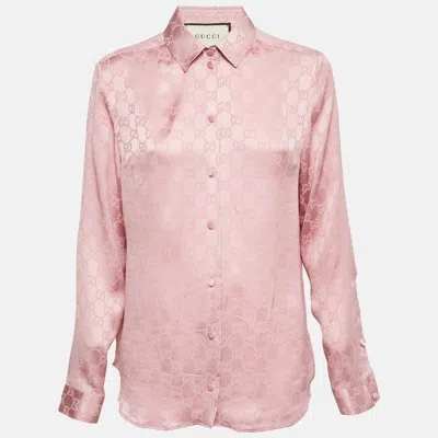 Pre-owned Gucci Pink Gg Crinkled Silk Button Front Shirt M