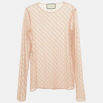 Pre-owned Gucci Pink Gg Embroidered Tulle Long Sleeve Sheer Top S
