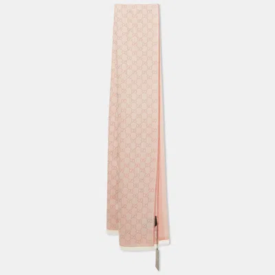 Pre-owned Gucci Pink Gg Jacquard Wool & Silk Scarf