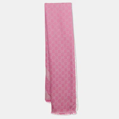 Pre-owned Gucci Pink Gg Jacquard Wool Blend Scarf