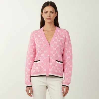 Pre-owned Gucci Pink Gg Print Jacquard Knit Cardigan M