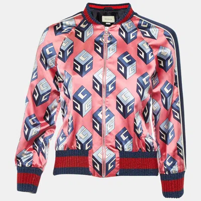 Pre-owned Gucci Pink Gg Print Silk Satin Duchesse Bomber Jacket S