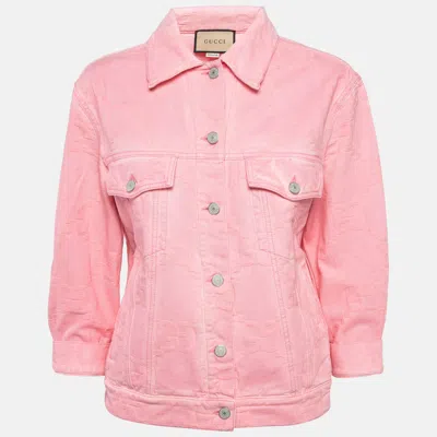 Pre-owned Gucci Pink Gg Web Embossed Denim Jacket S