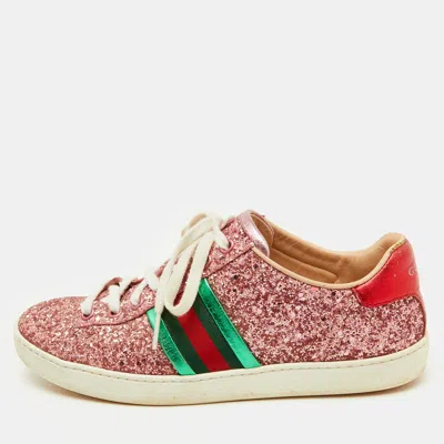 Pre-owned Gucci Pink Glitter And Leather Ace Web Detail Low Top Sneakers Size 36