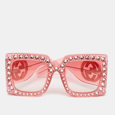 Pre-owned Gucci Pink Gradient Gg0145s Crystals Oversized Sunglasses