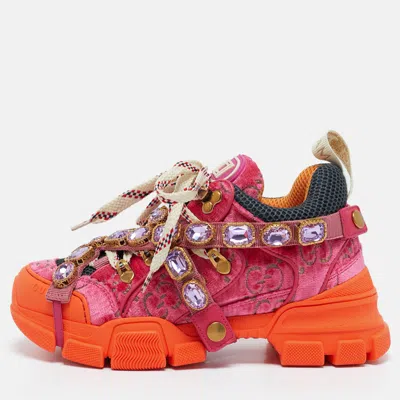 Pre-owned Gucci Pink Jumbo Gg Velvet And Mesh Flashtrek Sneakers Size 35