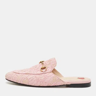 Pre-owned Gucci Pink Lace Princetown Flat Mules Size 38