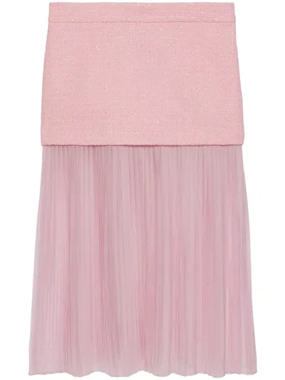 Gucci Silk Tweed Layered Midi Skirt In Pink