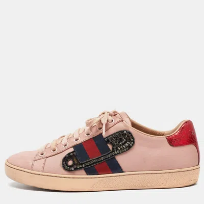 Pre-owned Gucci Pink Leather Ace Web Crystal Embellished Low Top Sneakers Size 36