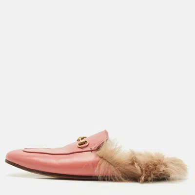 Pre-owned Gucci Pink Leather And Fur Princetown Sandals Size 40