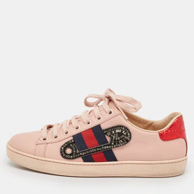 Pre-owned Gucci Pink Leather Crystal Embellished 'safety Pin' Ace Low Top Sneakers Size 35