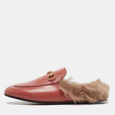 Pre-owned Gucci Pink Leather Fur Lined Princetown Flat Mules Size 37