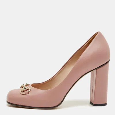 Pre-owned Gucci Pink Leather Horsebit Block Heel Pumps Size 39