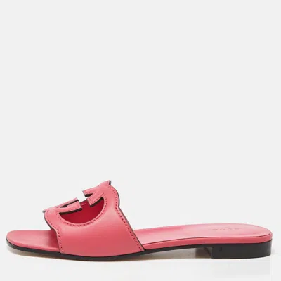 Pre-owned Gucci Pink Leather Interlocking G Cut Out Flat Slides Size 37.5