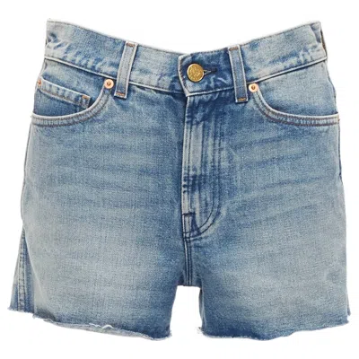 Pre-owned Gucci Pink Logo Graffiti Red Strawberry Patch Blue Denim Cut Off Shorts 22"