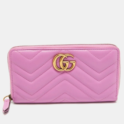 Pre-owned Gucci Pink Matelassé Leather Gg Marmont Zip Around Wallet