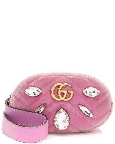 Pre-owned Gucci Pink Matelasse Velvet Crystal Gg Marmont Belt Bag - Size 34 / 85  (authentic Pre-loved)