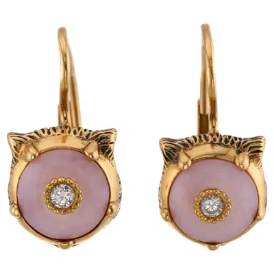 Pre-owned Gucci Pink Opal Diamond Yellow Gold Le Marché Des Merveilles Feline Cat Earrings