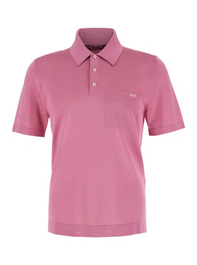 Gucci Pink Polo Shirt With Chest Pocket And Embroidered Logo On The Front In Fine Silk Knit Man In Animal Print