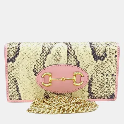 Pre-owned Gucci Pink Python Leather Horsebit Chain Long Wallet (621892)
