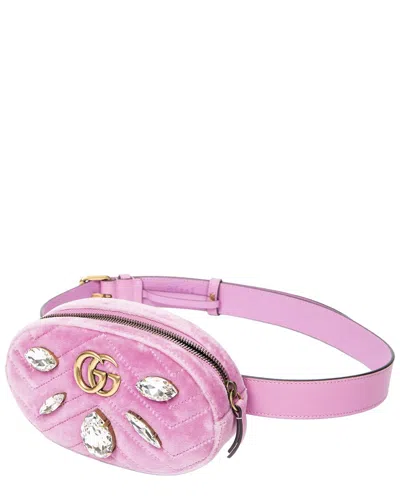 Pre-owned Gucci Pink Quilted Velvet Canvas Mini Marmont Crystal Embellished Belt Bag  (authentic Pre-loved)