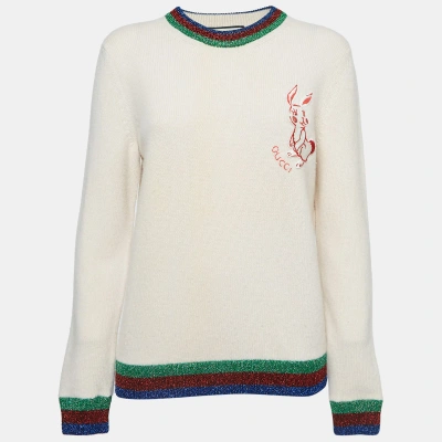Pre-owned Gucci Pink Rabbit Applique Tubular Knit Shimmer Detail Sweater L
