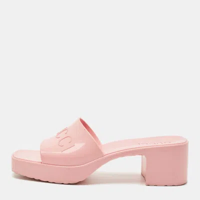 Pre-owned Gucci Pink Rubber Embossed Logo Block Heel Slide Sandals Size 37