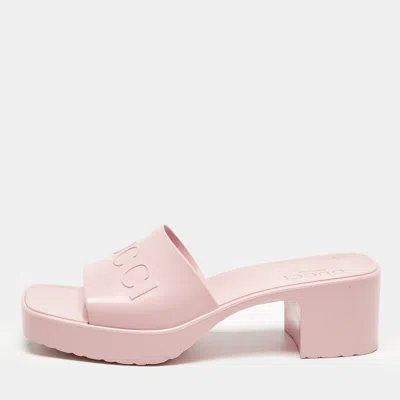 Pre-owned Gucci Pink Rubber Embossed Logo Block Heel Slide Sandals Size 39