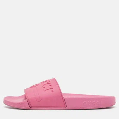 Pre-owned Gucci Pink Rubber Logo Pool Slides Size 38