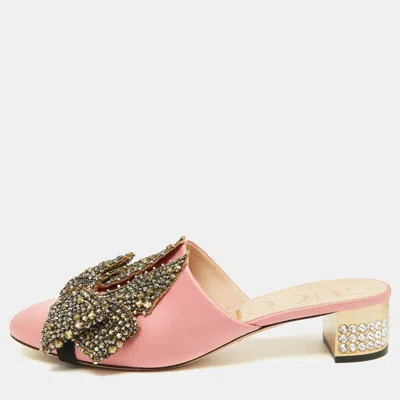 Pre-owned Gucci Pink Satin Crystal Embellished Bow Mules Size 41.5
